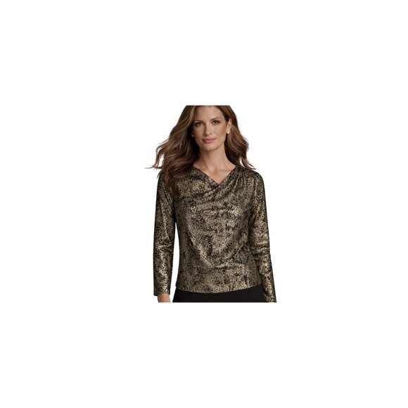 Donna Karan New York Metallic V-Neck Long Sleeve Top | Gold & Black | XS | NWT - Picture 2 of 9